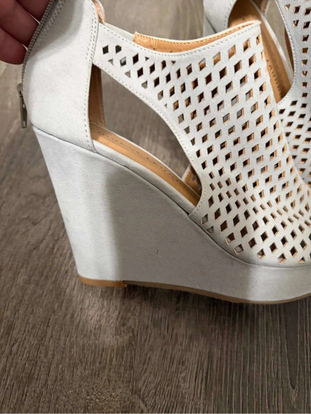 Chase + Chloe Gray Perforated Peep-Toe Wedge Sandals size 8